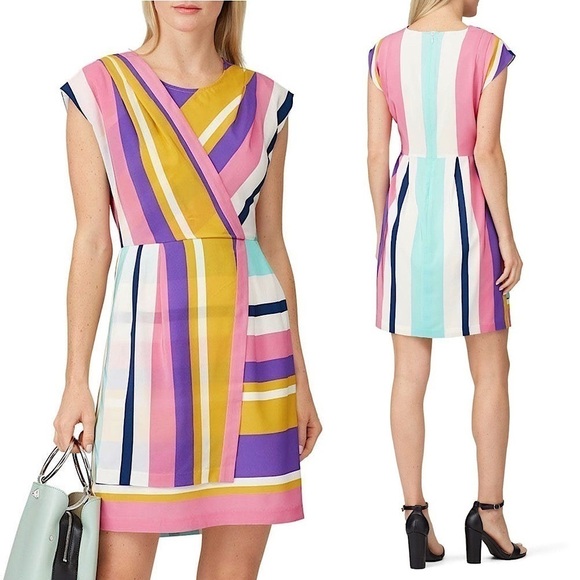 SLATE & WILLOW Silk Colorful Striped Sleeveless Draped Faux Wrap Mini Dress 8 - Picture 1 of 9